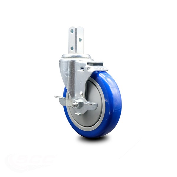 5 Inch Blue Polyurethane Wheel Swivel 3/4 Inch Square Stem Caster with Brake